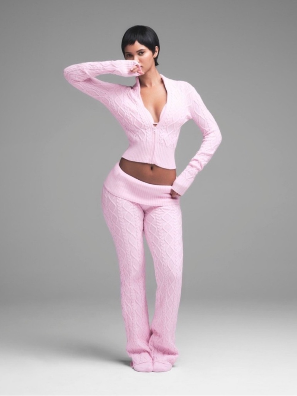 Skims Snow Bunny Cable Knit Zip Up Sweater Small Baby Pink Coquette Cozy Chic - Picture 3 of 11